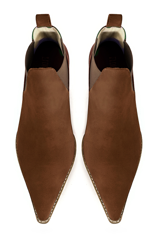 Caramel brown women's ankle boots, with elastics. Pointed toe. Medium cone heels. Top view - Florence KOOIJMAN